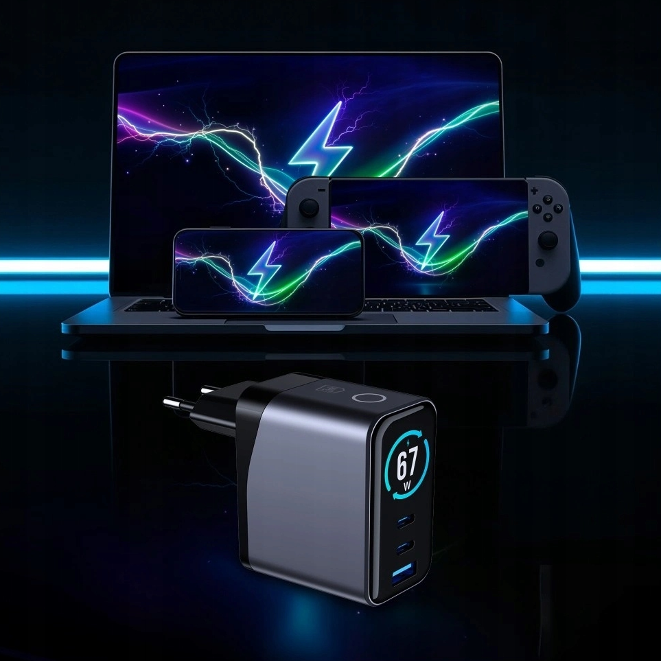 Φορτιστής Δικτύου 3MK InCharge Lumin Display, 67W, 5A, 1 x USB-A - 2 x USB-C, Μαύρο