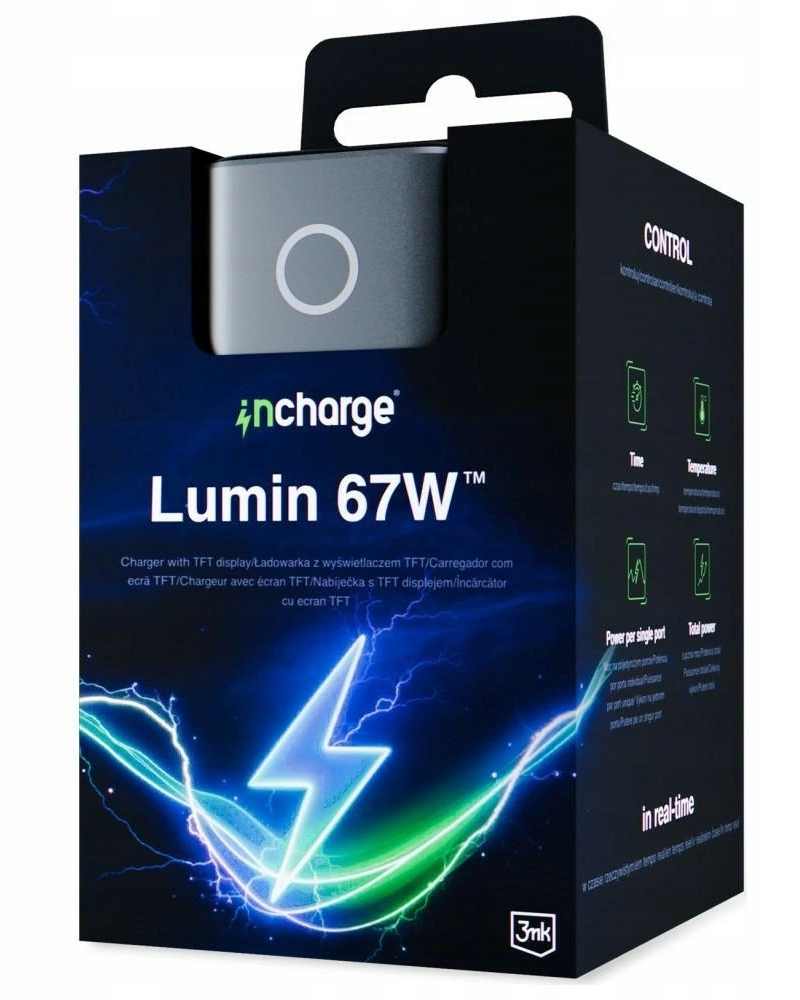 Φορτιστής Δικτύου 3MK InCharge Lumin Display, 67W, 5A, 1 x USB-A - 2 x USB-C, Μαύρο