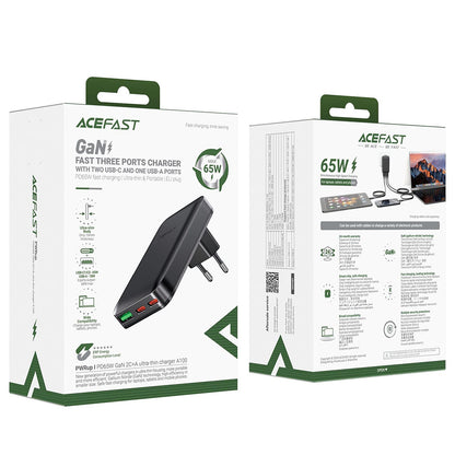 Φορτιστής Δικτύου Acefast A100, 65W, 3.25A, 1 x USB-A - 2 x USB-C, Μαύρο