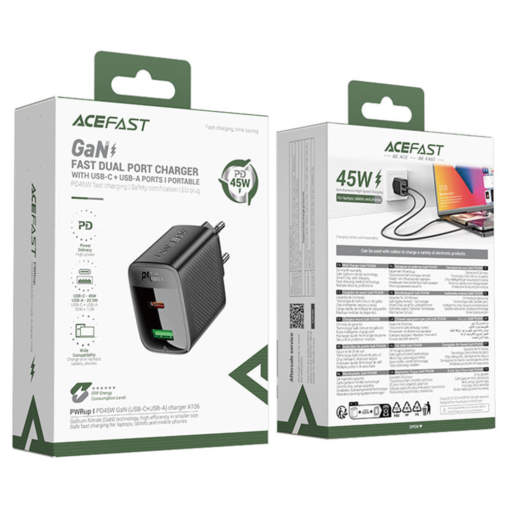 Acefast A106 Network Charger, 45W, 3A, 1 x USB-A - 1 x USB-C, Black