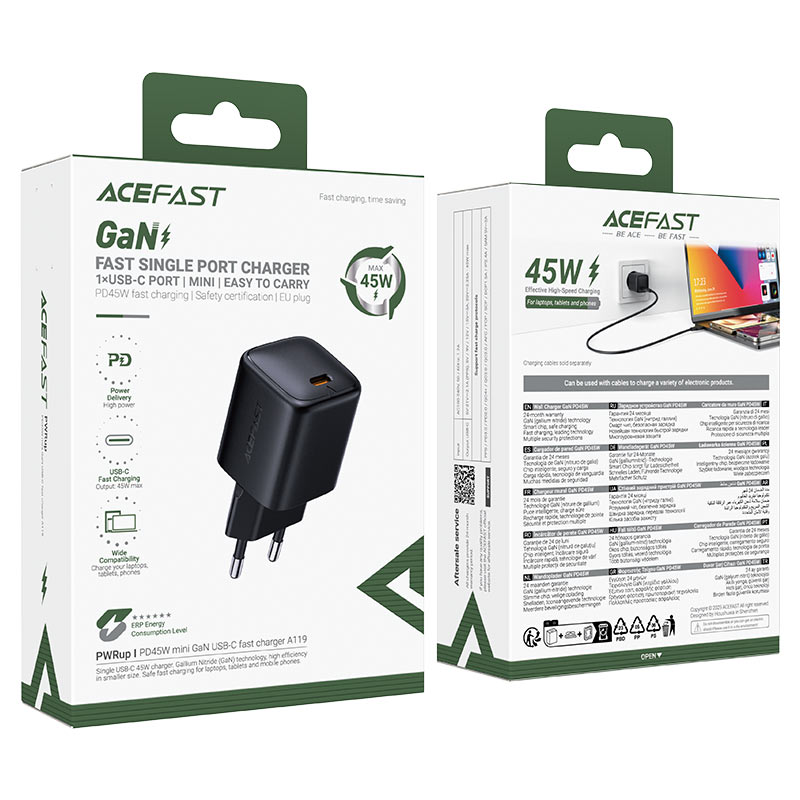 Acefast A119 Network Charger, 45W, 3A, 1 x USB-C, Black