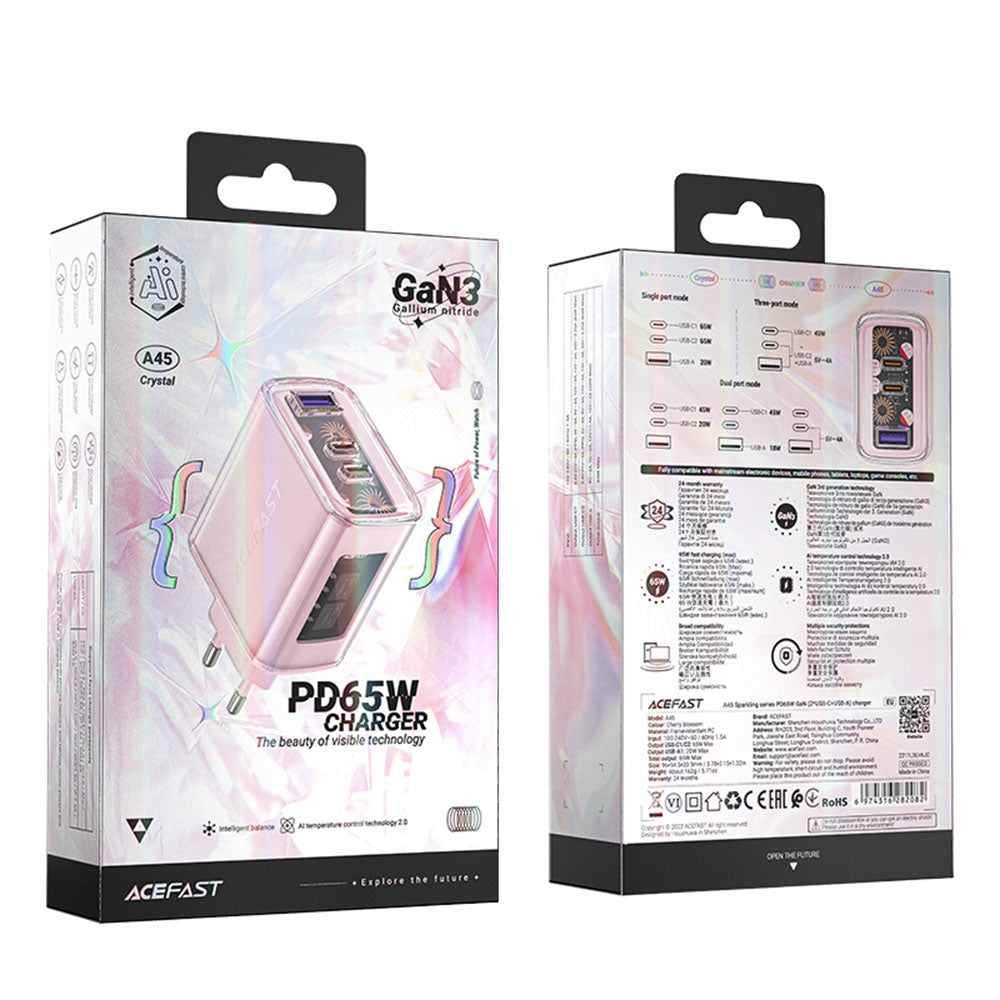 Φορτιστής Δικτύου Acefast A45 Exploration, 65W, 3.25A, 1 x USB-A - 2 x USB-C, Ροζ