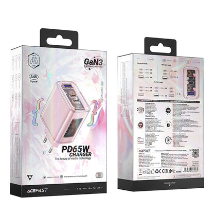 Φορτιστής Δικτύου Acefast A45 Exploration, 65W, 3.25A, 1 x USB-A - 2 x USB-C, Ροζ