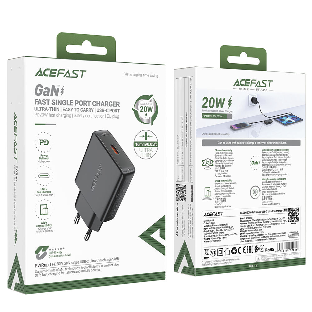 Φορτιστής Δικτύου Acefast A65, 20W, 3A, 1 x USB-C, Μαύρο