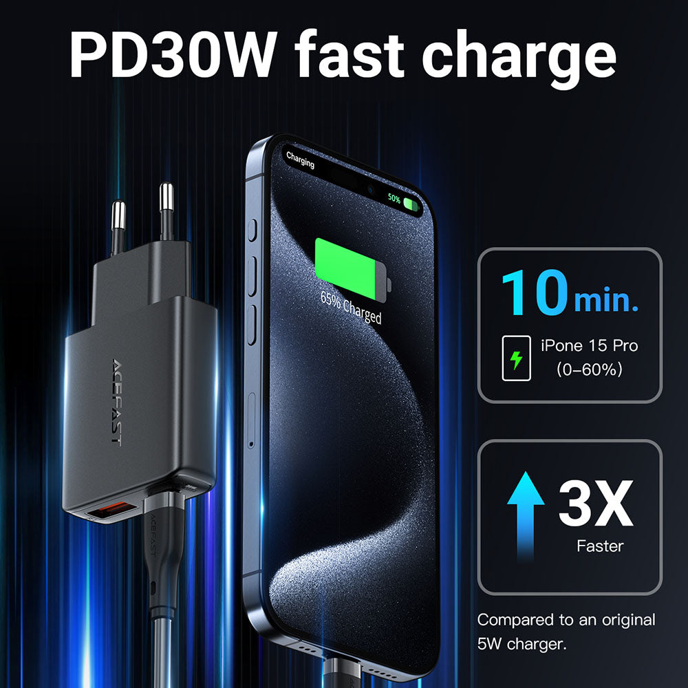 Φορτιστής Δικτύου Acefast A69, 30W, 3A, 1 x USB-A - 1 x USB-C, Μαύρο