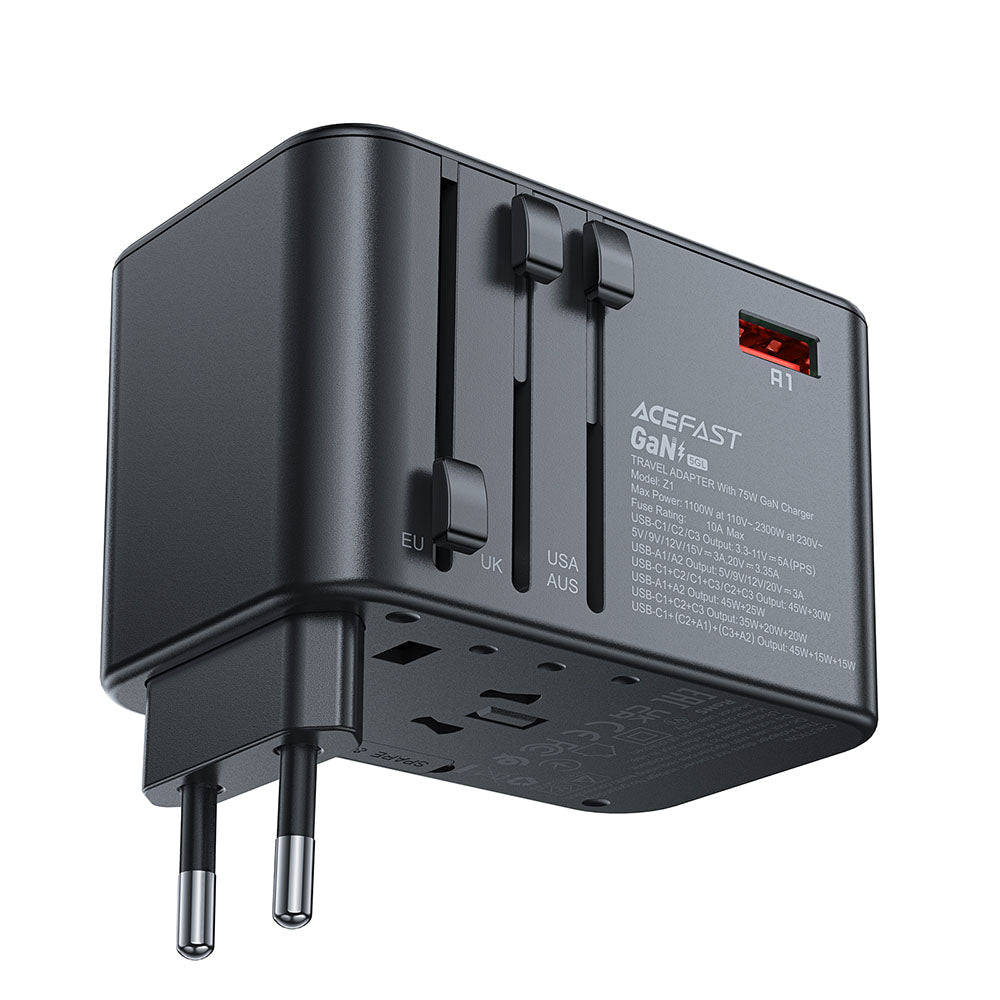 Φορτιστής Δικτύου Acefast Travel Z1, 75W, 3.35A, 2 x USB-A - 3 x USB-C, Μαύρο