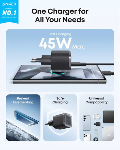 Φορτιστής Δικτύου Anker Nano, 45W, 3A, 1 x USB-C, Μαύρο A2692L11