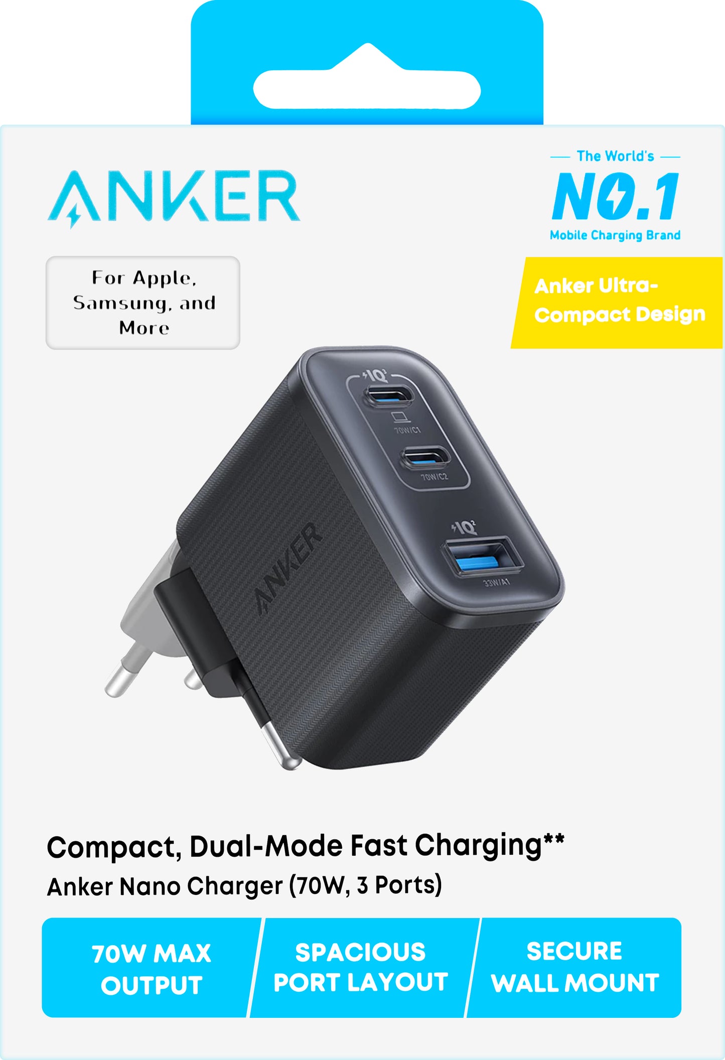 Φορτιστής Δικτύου Anker Nano, 70W, 3.5A, 1 x USB-A - 2 x USB-C, Μαύρος A121AL11