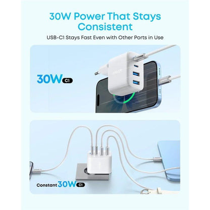 Φορτιστής Δικτύου Anker Zolo, 50W, 3A, 2 x USB-A - 2 x USB-C, Λευκός A121EG21