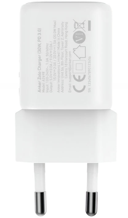 Φορτιστής Δικτύου Anker Zolo, 30W, 3A, 1 x USB-C, Λευκό A2698G21