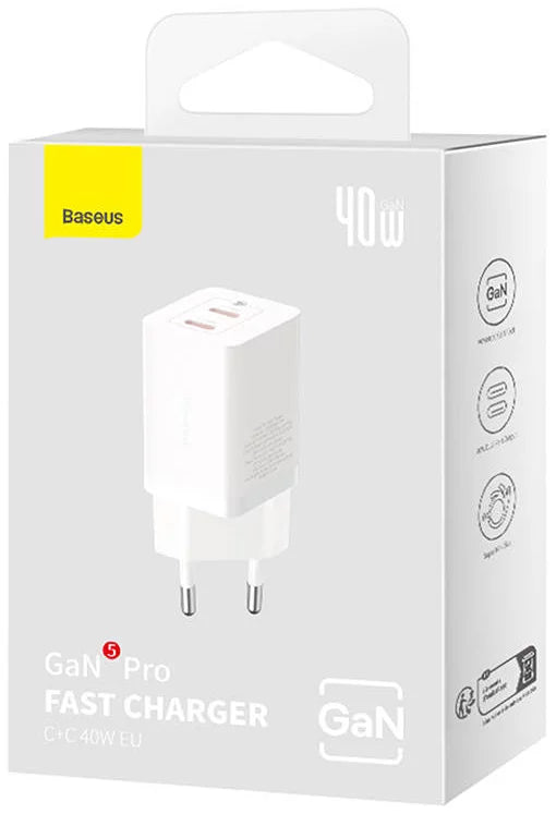 Incarcator Retea Baseus GaN5 Pro, 40W, 3A, 2 x USB-C, Alb CCGP180102