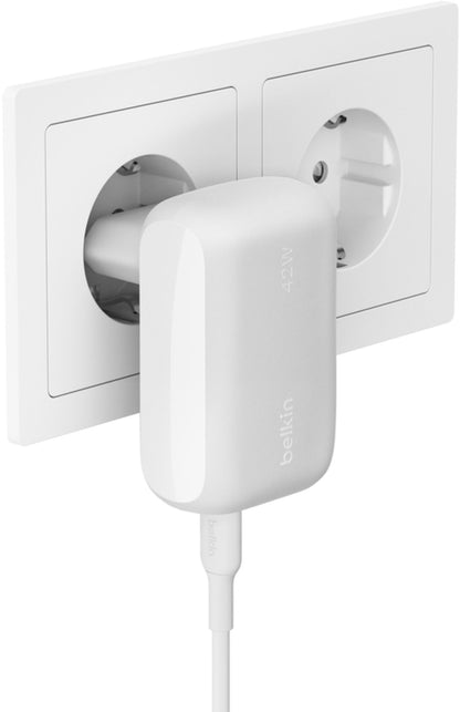 Belkin BoostCharge Dual Wall Charger, 42W, 3A, 1 x USB-A - 1 x USB-C, White WCB009vfWH