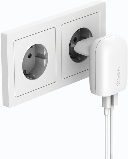 Belkin BoostCharge Dual Wall Charger, 37W, 3A, 1 x USB-A - x USB-C, White WCB007vfWH
