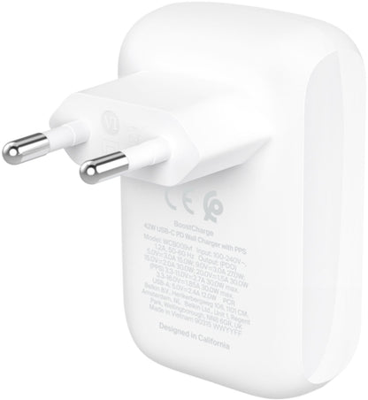 Belkin BoostCharge Dual Wall Charger, 42W, 3A, 1 x USB-A - 1 x USB-C, White WCB009vfWH