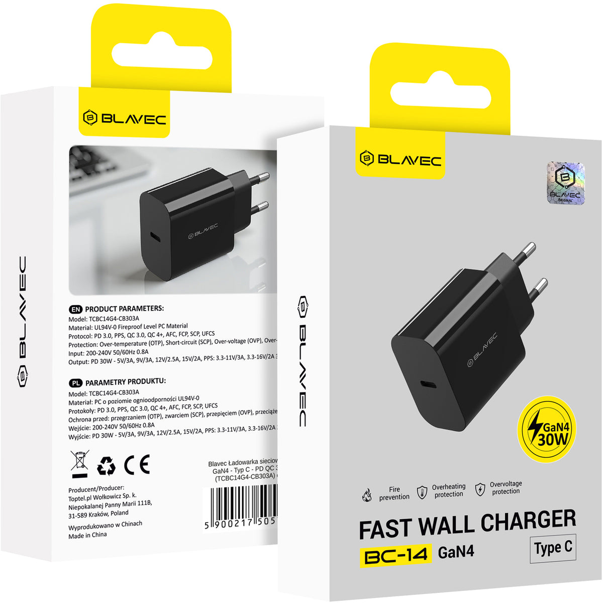 Φορτιστής πρίζας Blavec BC-14, 30W, 3A, 1 x USB-C, Μαύρος