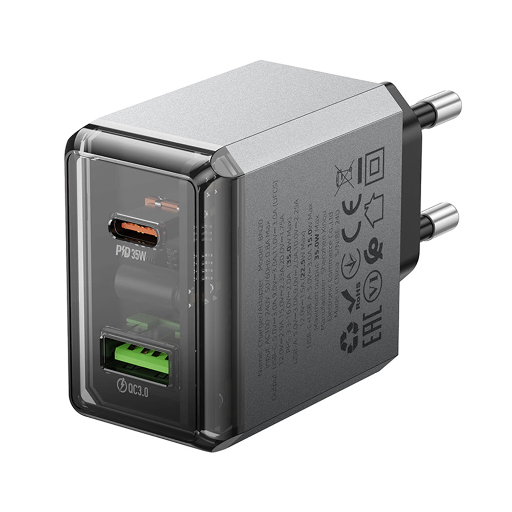 Borofone BN20 Lena Network Charger, 35W, 3A, 1 x USB-A - 1 x USB-C, Grey