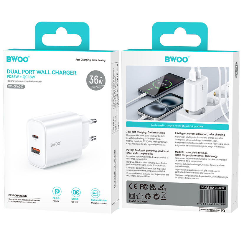 Φορτιστής Δικτύου BWOO CDA207, 36W, 3A, 1 x USB-A - 1 x USB-C, Λευκό