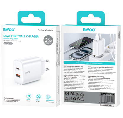 Φορτιστής Δικτύου BWOO CDA207, 36W, 3A, 1 x USB-A - 1 x USB-C, Λευκό