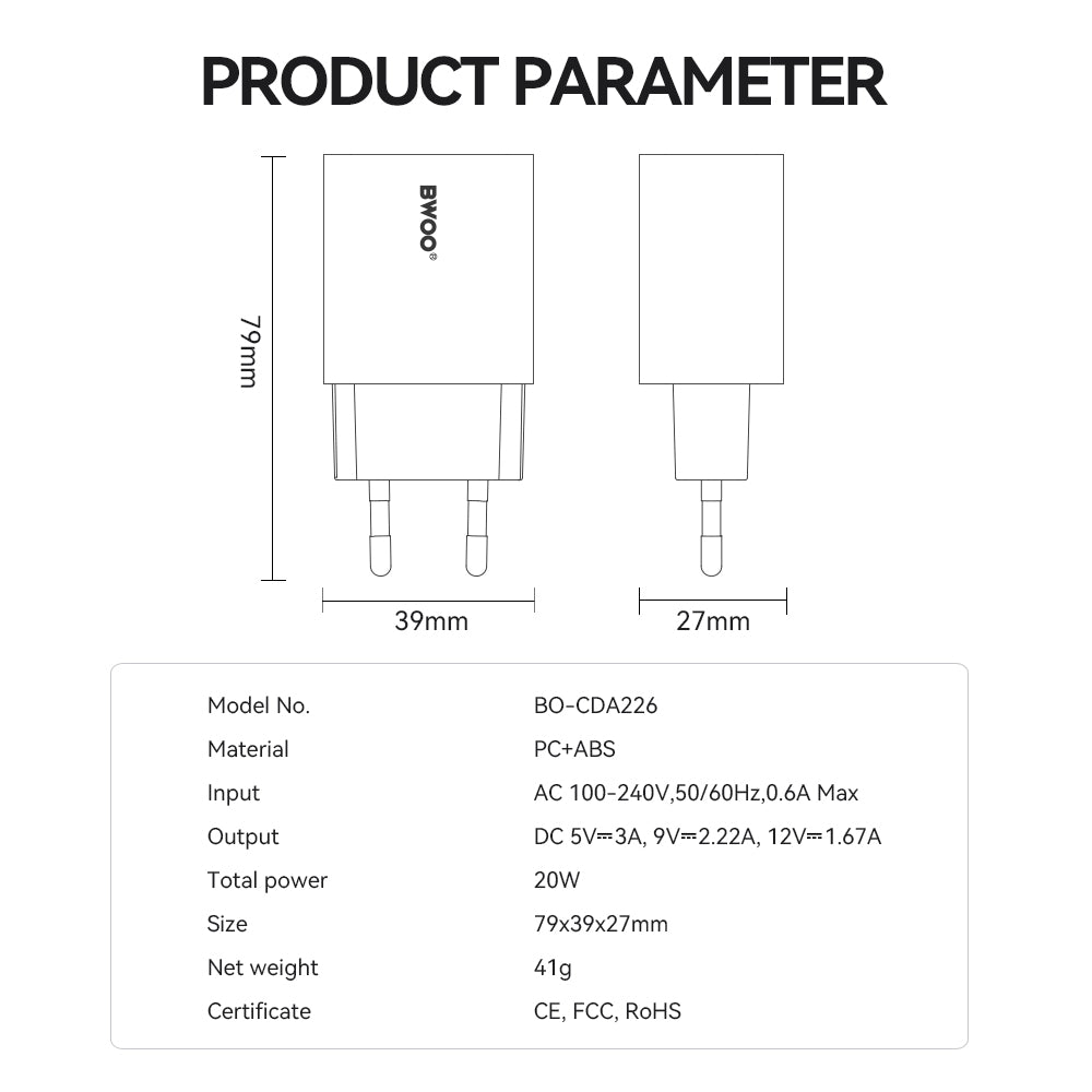 Φορτιστής Δικτύου BWOO CDA226, 20W, 3A, 1 x USB-C, Λευκό