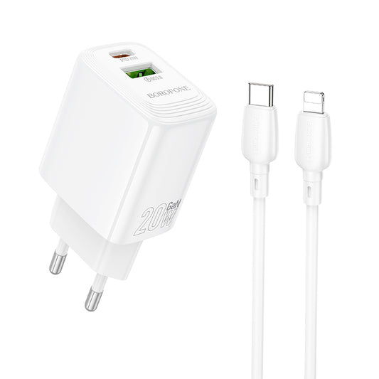 Network Charger with Lightning Cable Borofone BN27 Fuente, 20W, 3A, 1 x USB-A - 1 x USB-C, White