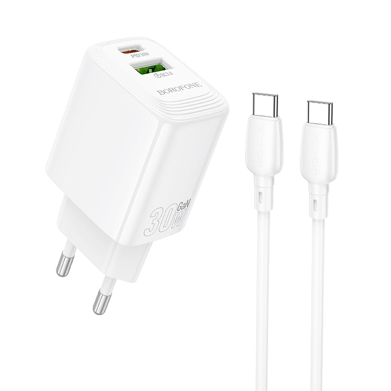 Φορτιστής Δικτύου με Καλώδιο USB-C Borofone BN29 Fuente, 30W, 3A, 1 x USB-A - 1 x USB-C, Λευκό