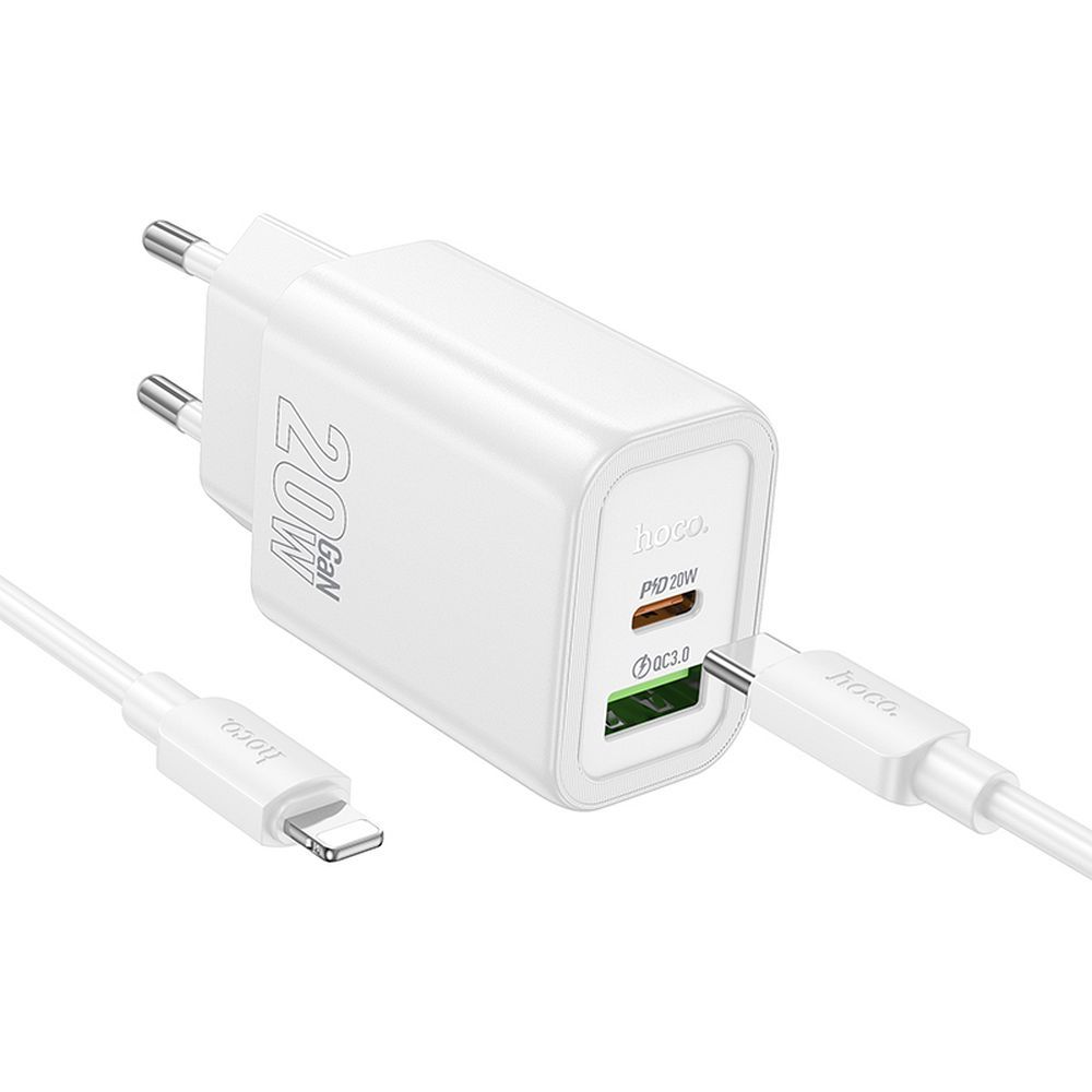 Φορτιστής Δικτύου με Καλώδιο Lightning HOCO N61, 20W, 3A, 1 x USB-A - 1 x USB-C, Λευκό