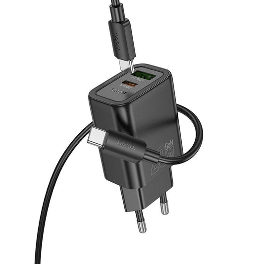 HOCO N61 Network Charger with Lightning Cable, 20W, 3A, 1 x USB-A - 1 x USB-C, Black
