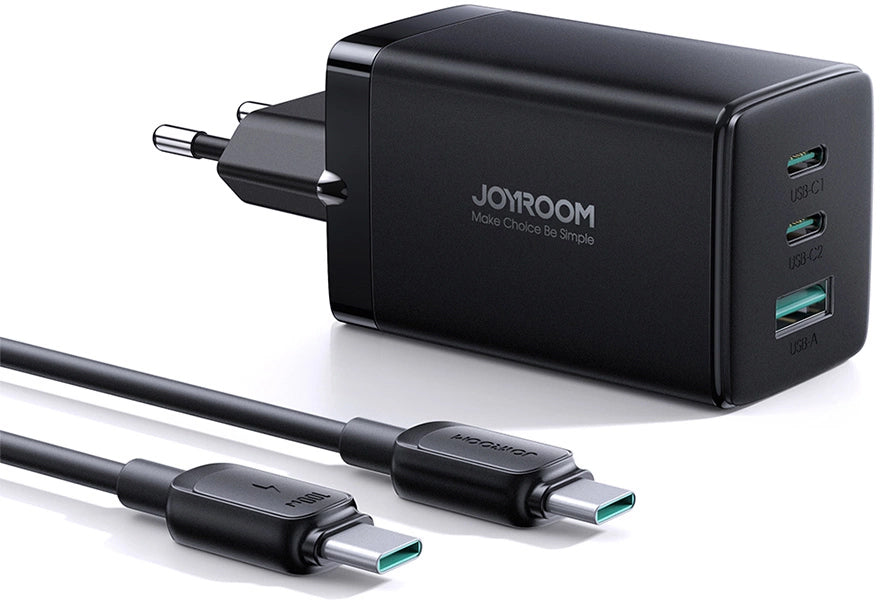 Φορτιστής Δικτύου με Καλώδιο USB-C Joyroom TCG01, 65W, 3.25A, 1 x USB-A - 2 x USB-C, Μαύρο
