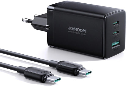 Φορτιστής Δικτύου με Καλώδιο USB-C Joyroom TCG01, 65W, 3.25A, 1 x USB-A - 2 x USB-C, Μαύρο