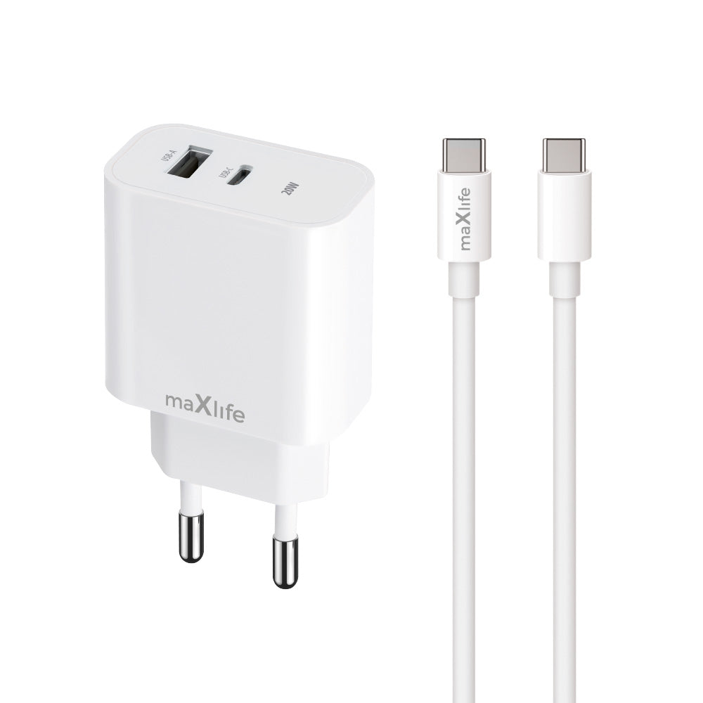 Φορτιστής Δικτύου με Καλώδιο USB-C MaXlife MXTC-06-20AC, 20W, 3A, 1 x USB-A - 1 x USB-C, Λευκό