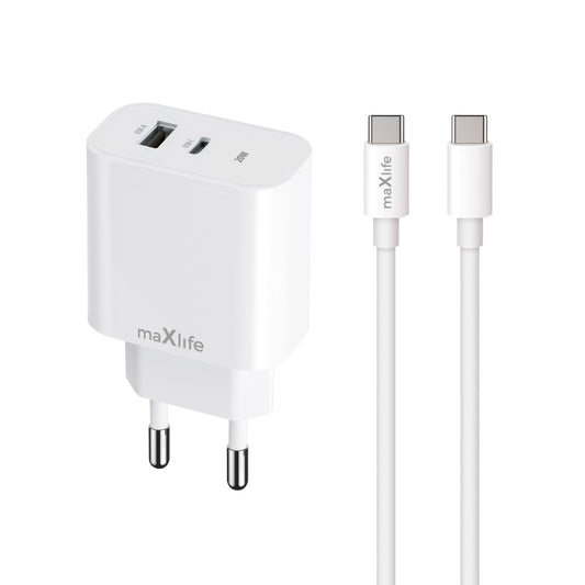Φορτιστής Δικτύου με Καλώδιο USB-C MaXlife MXTC-06-20AC, 20W, 3A, 1 x USB-A - 1 x USB-C, Λευκό