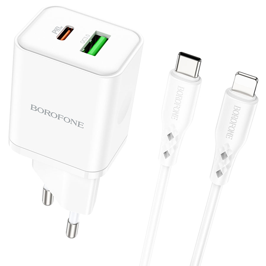 Φορτιστής Δικτύου με Καλώδιο Lightning Borofone BN7, 20W, 3A, 1 x USB-A - 1 x USB-C, Λευκό