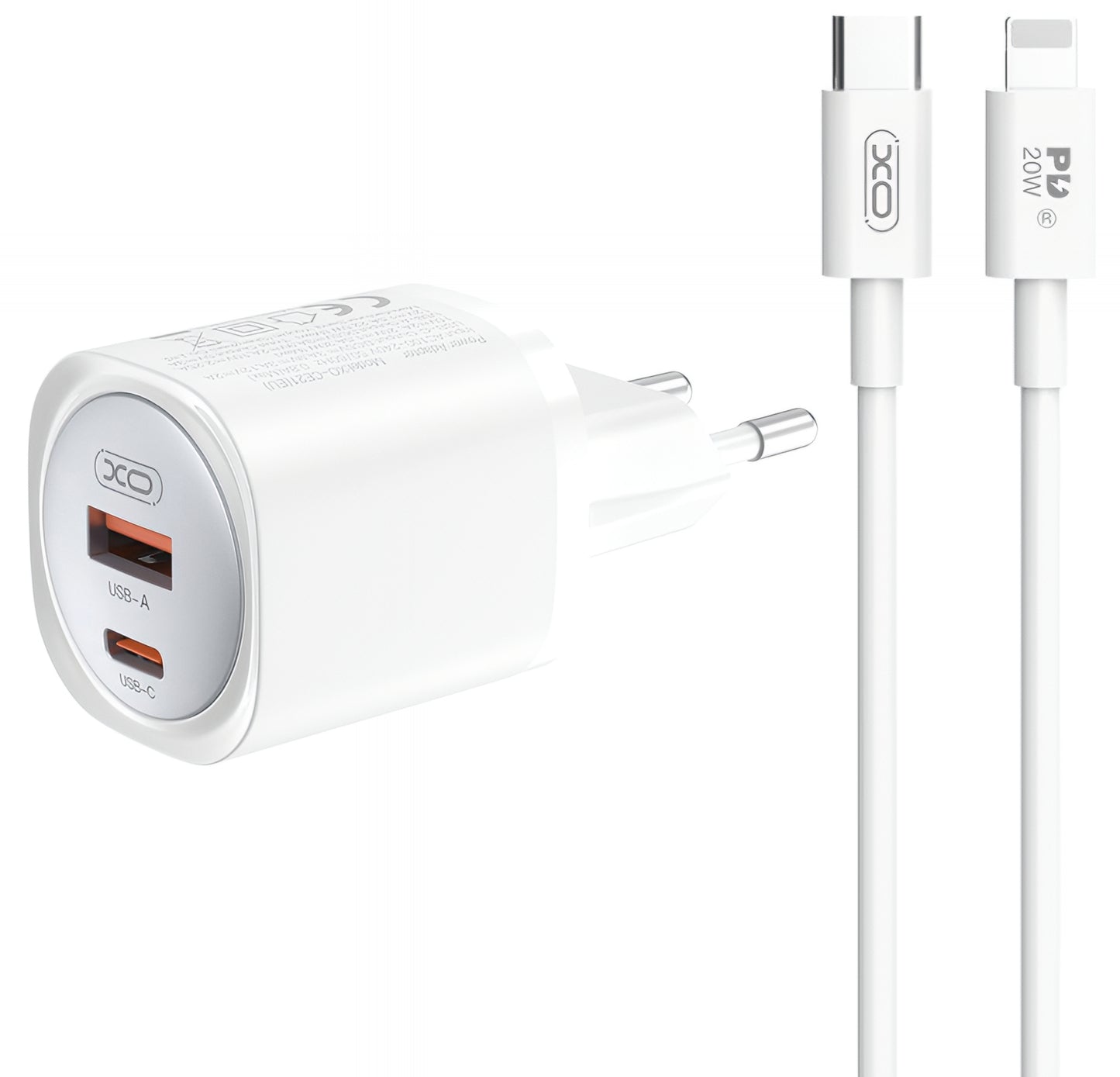 Φορτιστής Δικτύου με Καλώδιο Lightning XO Design CE21, 30W, 3A, 1 x USB-A - 1 x USB-C, Λευκό