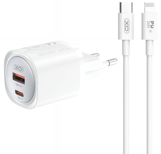 Network Charger with Lightning Cable XO Design CE21, 30W, 3A, 1 x USB-A - 1 x USB-C, White