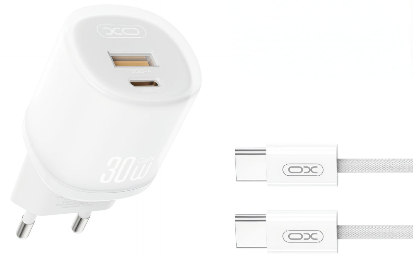 Φορτιστής Δικτύου με Καλώδιο USB-C XO Design L151, 30W, 3A, 1 x USB-A - 1 x USB-C, Λευκό