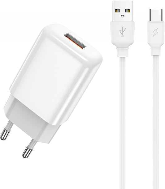 Network Charger with USB-C Cable Prestico F9S, 12W, 2.4A, 1 x USB-A, White