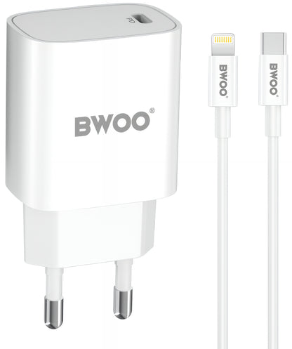 Φορτιστής Δικτύου με Καλώδιο Lightning BWOO CDA159, 20W, 3A, 1 x USB-C, Λευκό