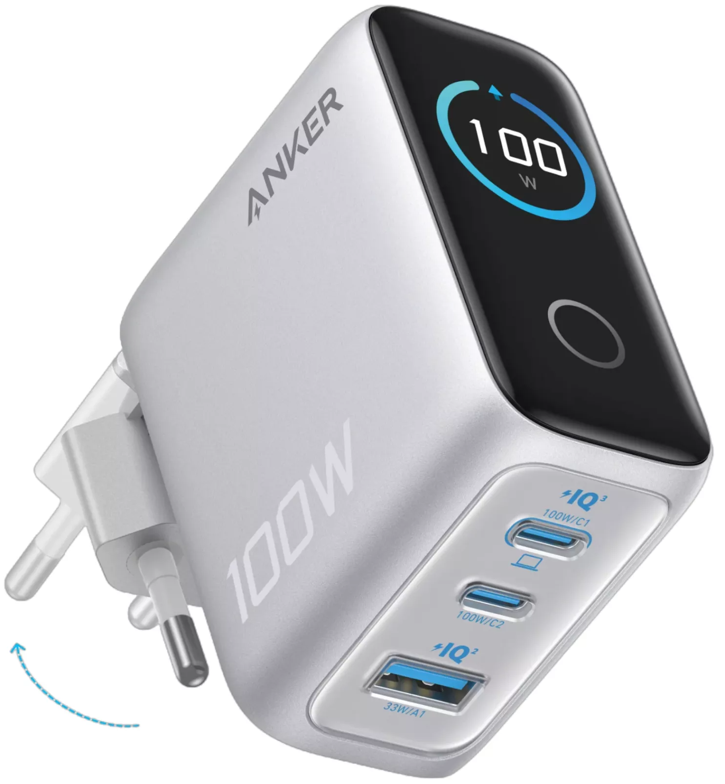Φορτιστής Δικτύου με Καλώδιο USB-C Anker Smart Display, 100W, 5A, 1 x USB-A - 2 x USB-C, Ασημί B121BG41