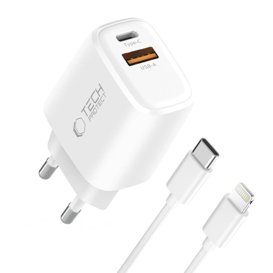 Φορτιστής Δικτύου με Καλώδιο Lightning Tech-Protect NCA20, 20W, 3A, 1 x USB-A - 1 x USB-C, Λευκό