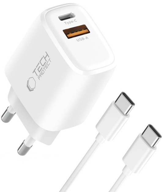 Φορτιστής Δικτύου με Καλώδιο USB-C Tech-Protect NCA20, 20W, 3A, 1 x USB-A - 1 x USB-C, Λευκό