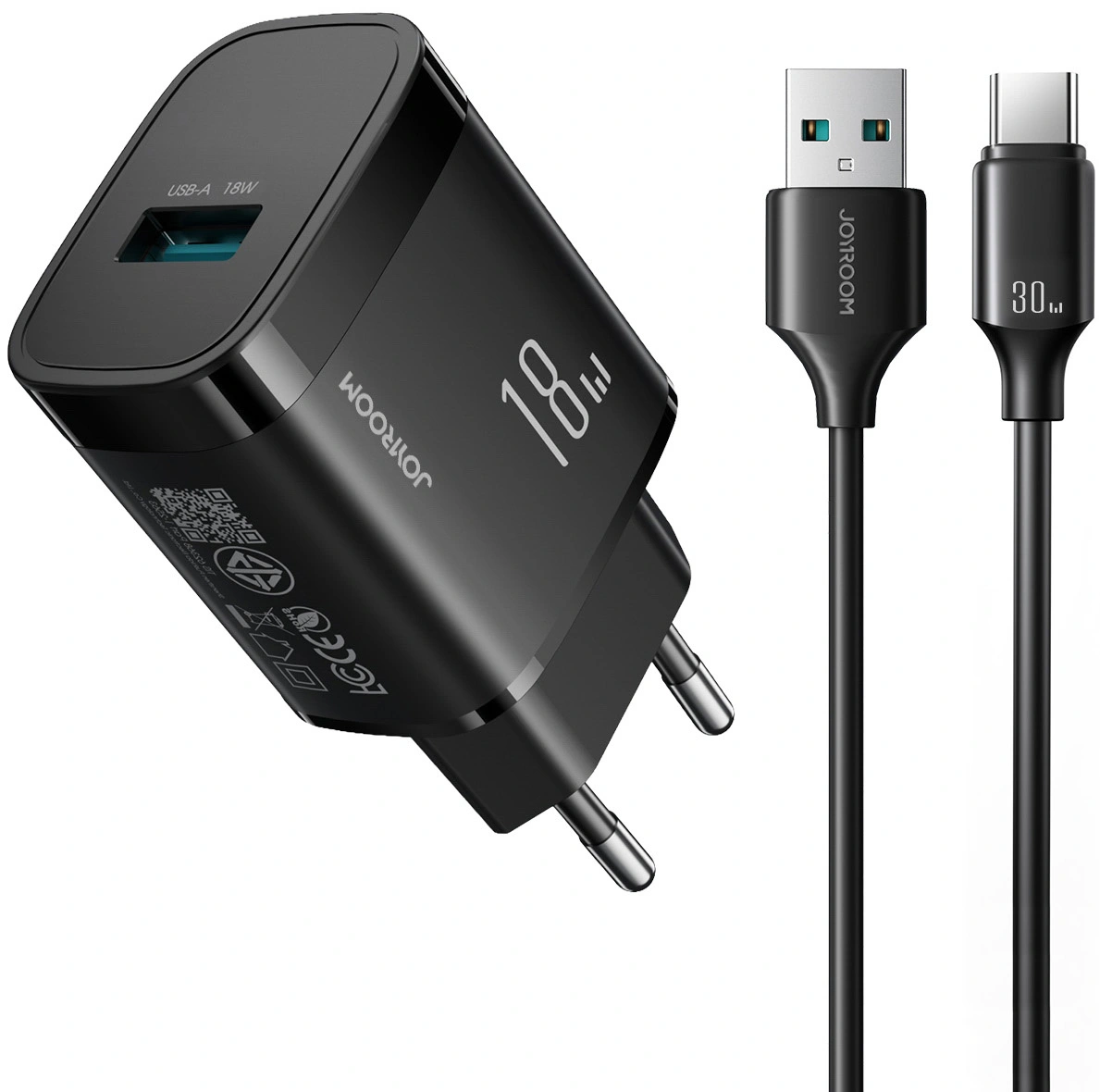 Joyroom JR-TF4 USB-C Cable Wall Charger, 18W, 3A, 1 x USB-A, Black