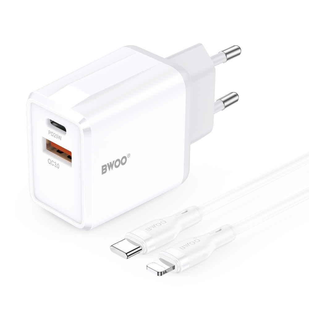Φορτιστής Δικτύου με Καλώδιο Lightning BWOO CDA182, 38W, 3A, 1 x USB-A - 1 x USB-C, Λευκό