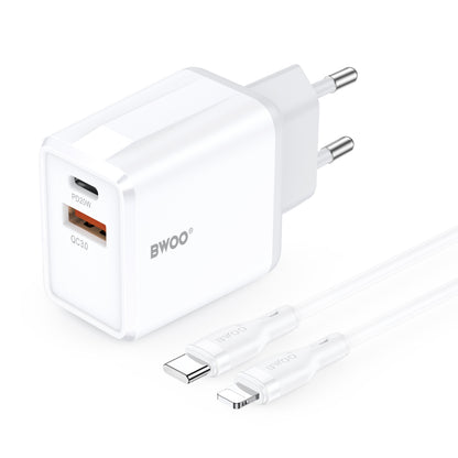 Φορτιστής Δικτύου με Καλώδιο Lightning BWOO CDA182, 38W, 3A, 1 x USB-A - 1 x USB-C, Λευκό