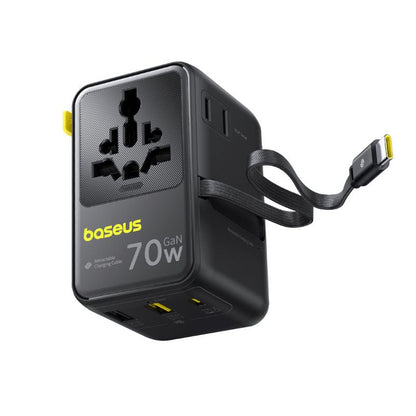 Baseus Travel EnerCore CG11 USB-C Cable Wall Charger, 70W, 2 x Socket - 1 x USB-C - 2 x USB-A, Black E0307E00