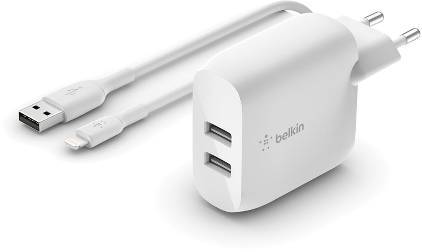 Belkin BoostCharge Dual USB-C Cable Wall Charger, 24W, 2.4A, 2 x USB-A, White WCE001vf1MWH