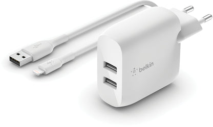 Belkin BoostCharge Dual USB-C Cable Wall Charger, 24W, 2.4A, 2 x USB-A, White WCE001vf1MWH