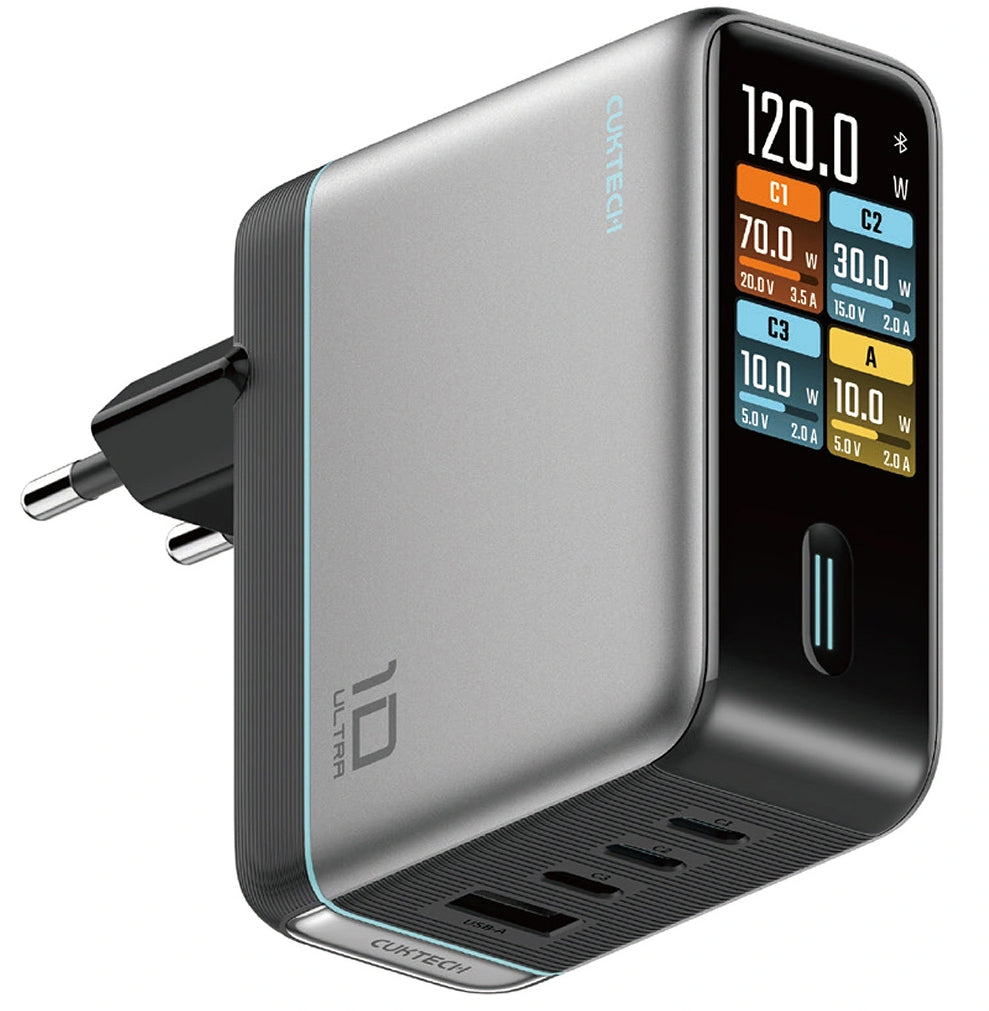 Φορτιστής Δικτύου με Καλώδιο USB-C Cuktech AD1204U Οθόνη, 120W, 6A, 1 x USB-A - 2 x USB-C, Ασημί