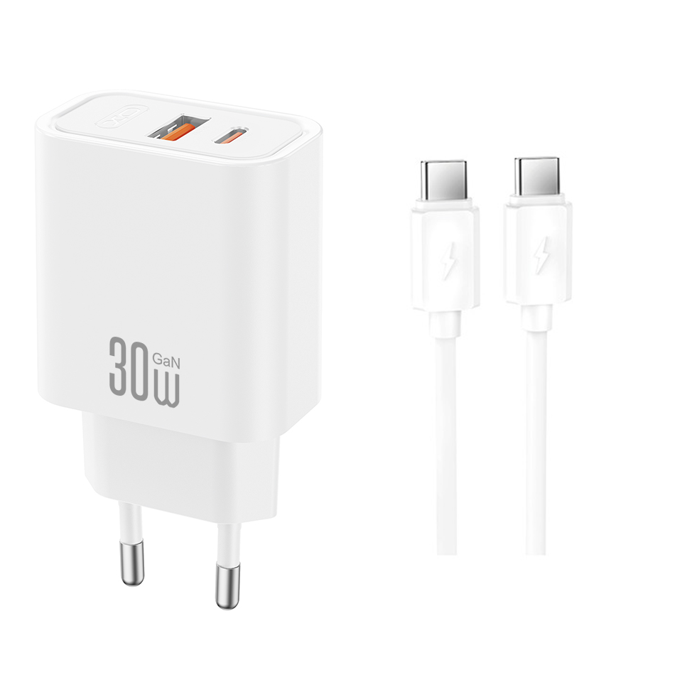 Φορτιστής Δικτύου με Καλώδιο USB-C XO Design CE42, 30W, 3A, 1 x USB-A - 1 x USB-C, Λευκό