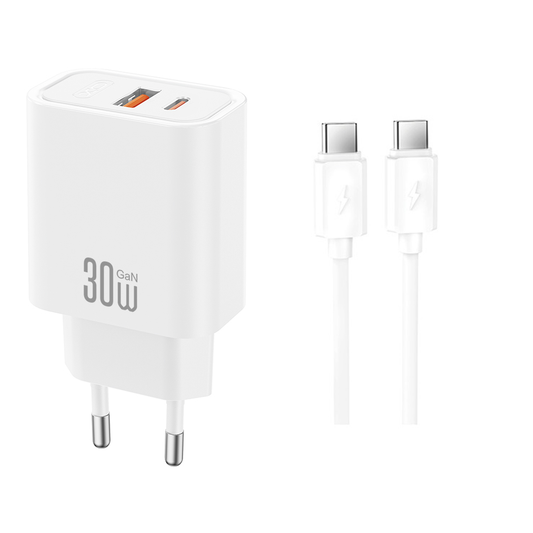 Φορτιστής Δικτύου με Καλώδιο USB-C XO Design CE42, 30W, 3A, 1 x USB-A - 1 x USB-C, Λευκό