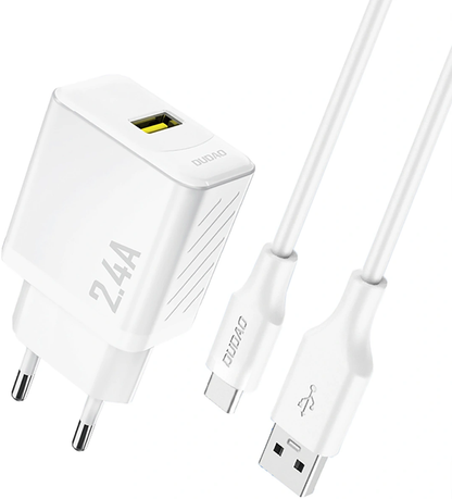 Dudao A23TEU USB-C Cable Wall Charger, 12W, 2.4A, 1 x USB-A, White